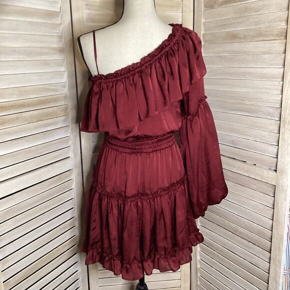 Misa Los Angeles Lucien Burgundy Satin One Sleeve Tiered Mini Dress M - Picture 6 of 11